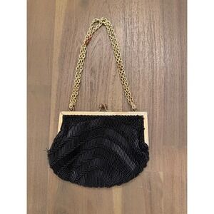 Vintage Walborg Black Beaded Evening‎ Bag Hand Beaded Macau Gold Chain Kiss Lock